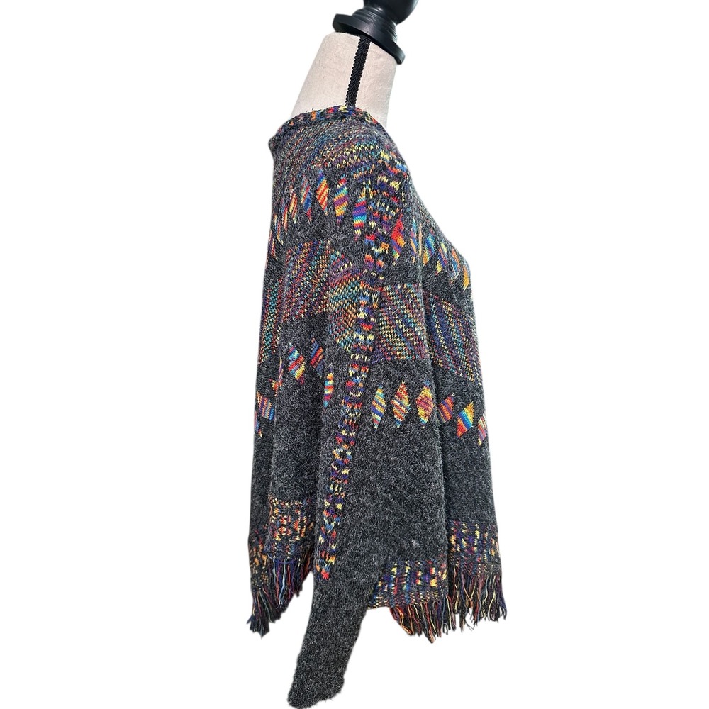 3/$20 Colorful Knit Fringe Poncho Cape Bohemian Festival Cover Up Women New - Picture 3 of 5